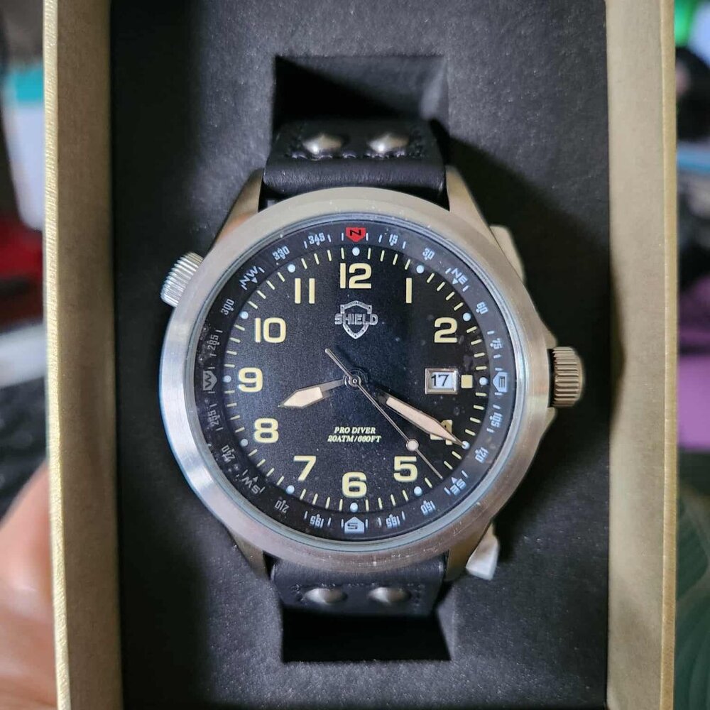 Shield Palau Leather-Band Men's Diver Watch w/Date - Silver/Black